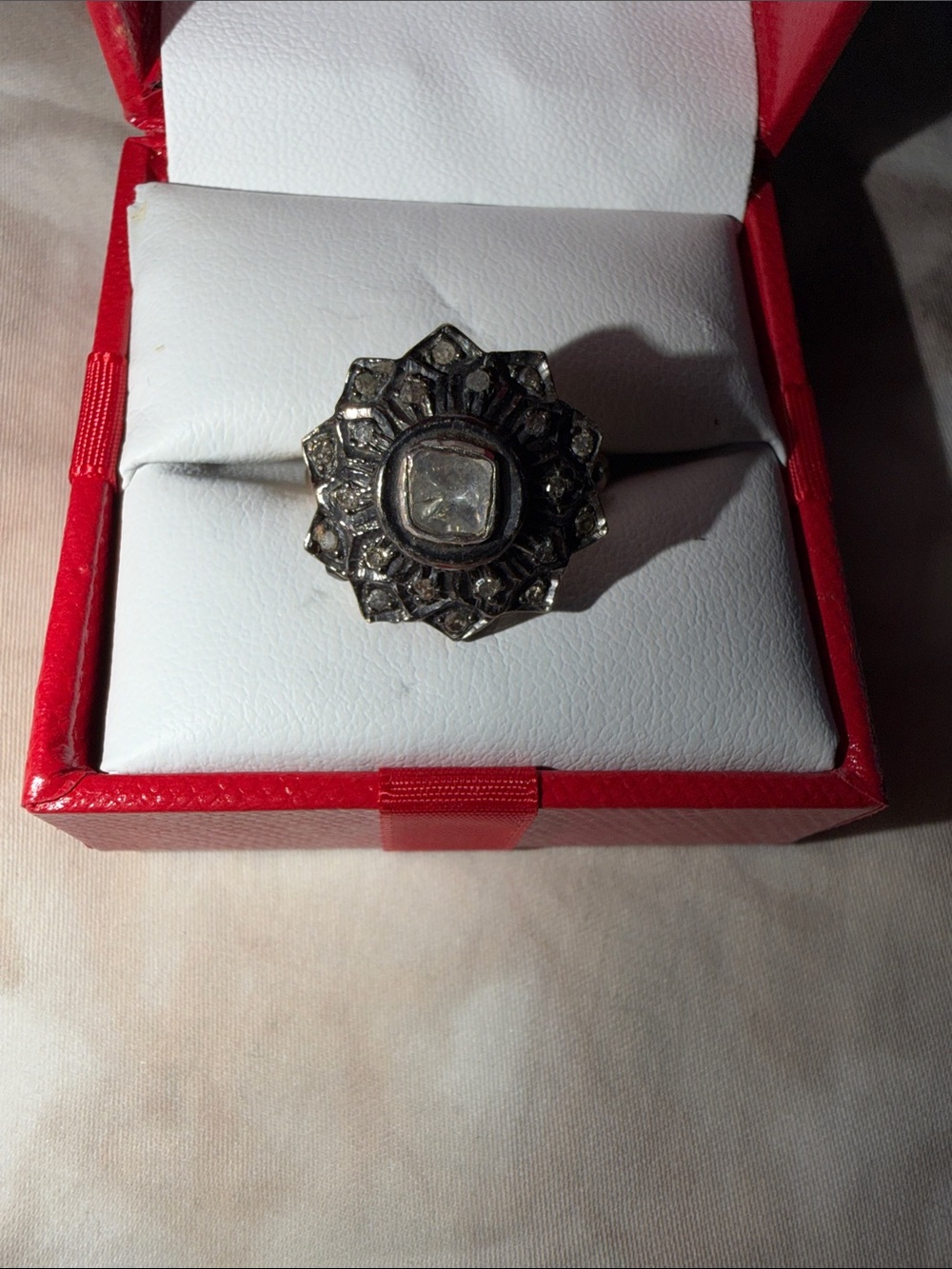 Silver-Tone Floral Statement Ring with Center Stone - Silver